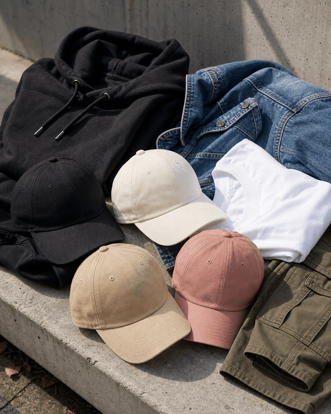 Caps RUE BLANK en noir, off white, beige et rose avec hoodie, denim et tee blanc.