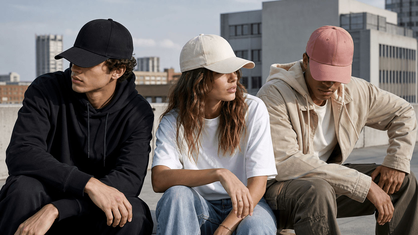 Groupe portant des casquettes RUE BLANK dans une campagne streetwear urbaine.